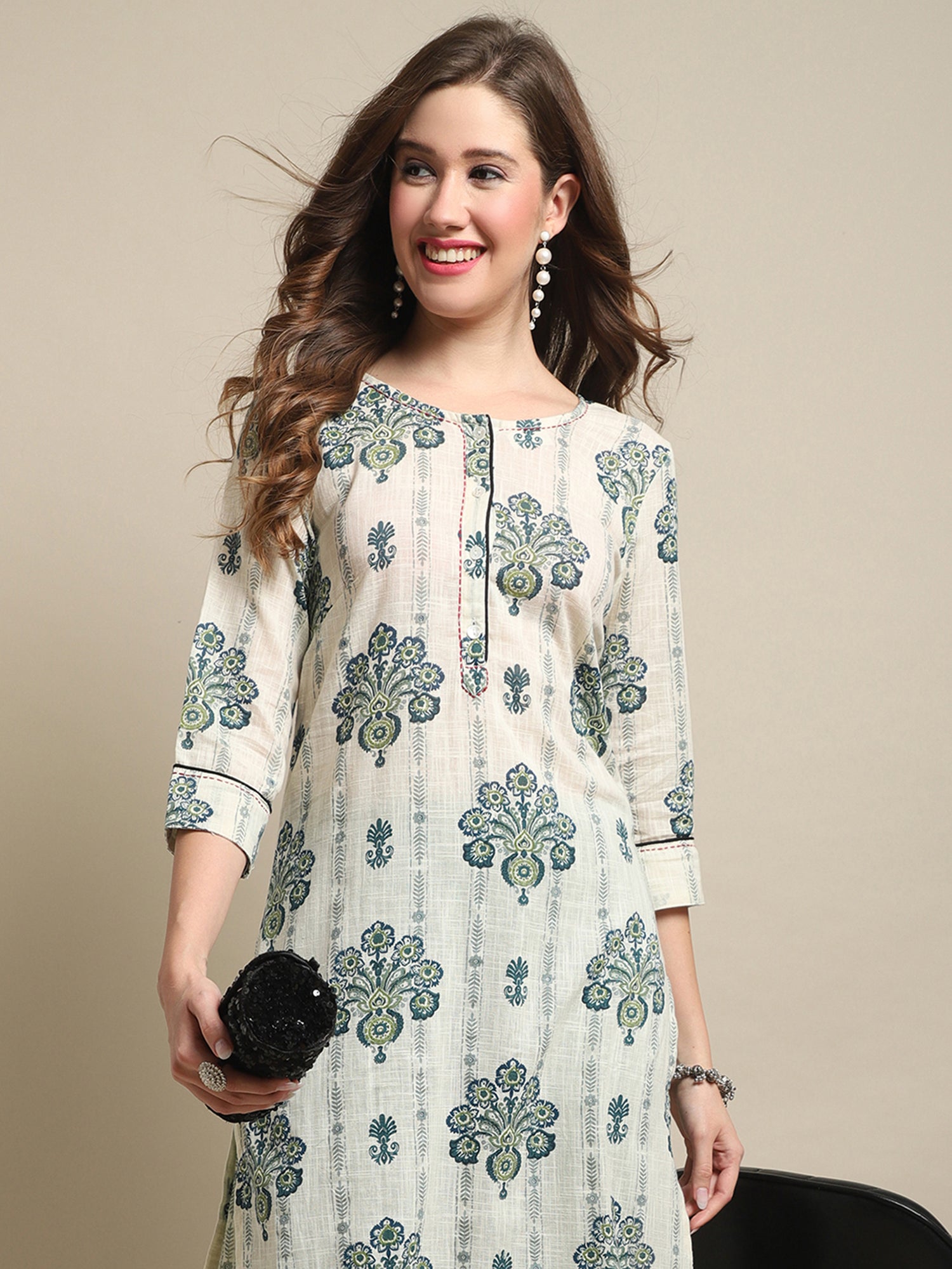 Blue Cotton Printed Kurti with attractive collar and neck design –  Boutique4India